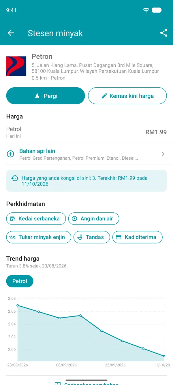 Butiran stesen minyak dalam aplikasi Drivvo dengan harga bahan api, perkhidmatan dan carta sejarah harga