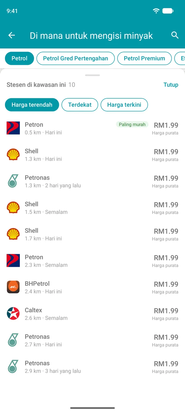 Senarai stesen minyak berhampiran anda dalam aplikasi Drivvo, daripada harga terendah, dengan pilihan untuk mengisih mengikut jarak