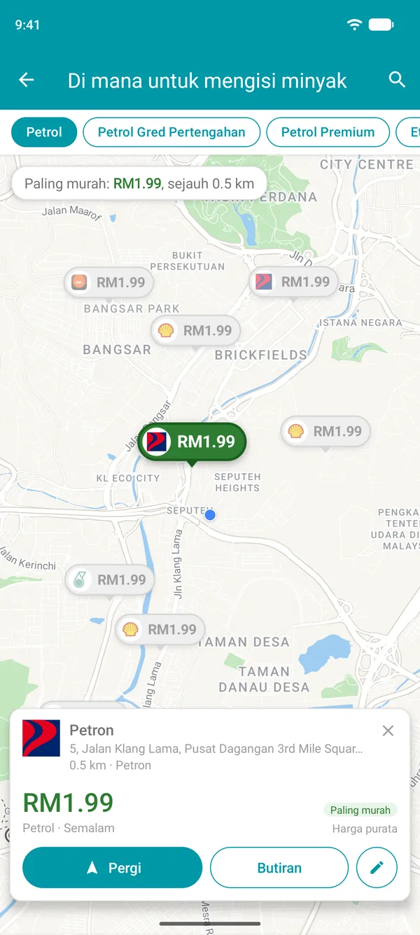 Stesen termurah yang dibuka dalam aplikasi Drivvo, dengan harga bahan api, jarak dan butang Pergi