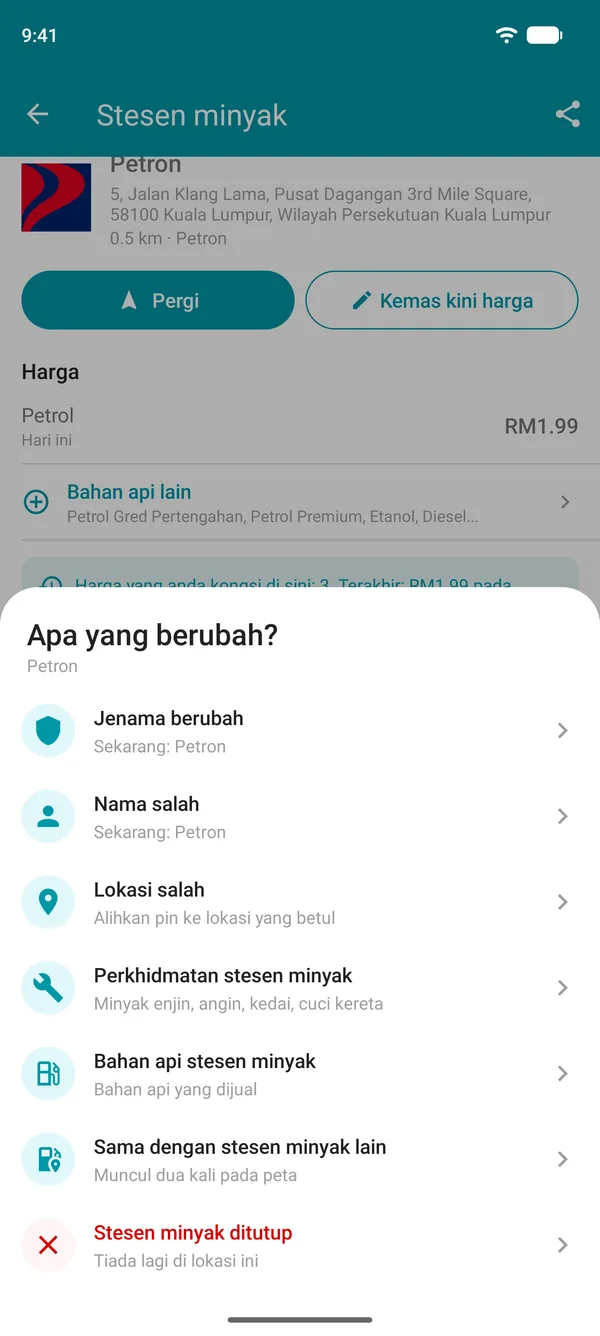 Pilihan Cadangkan perubahan dalam aplikasi Drivvo: jenama, nama, lokasi, perkhidmatan, bahan api, stesen pendua atau stesen yang ditutup