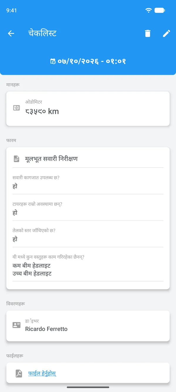 Drivvo मा भरिएको चेकलिस्ट, उत्तर, चालक र संलग्न फाइलसहित