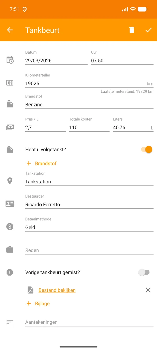 Drivvo — Registratie — Tankbeurt