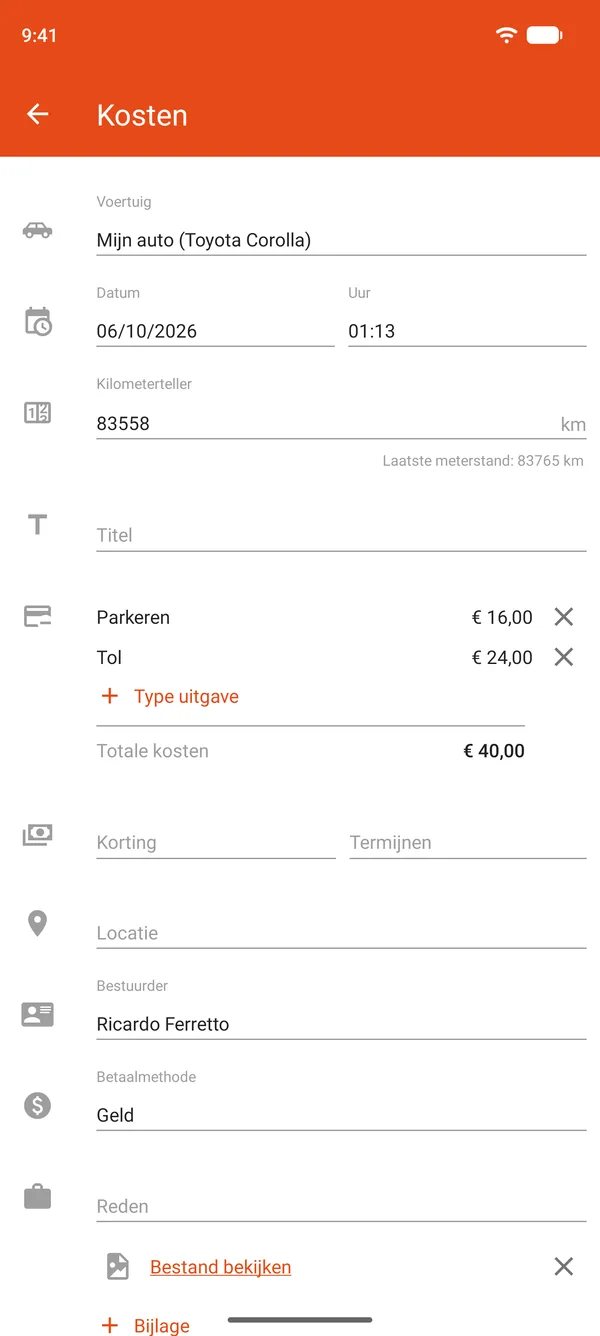 Uitgave voor parkeren en tol, met korting en betaling in termijnen