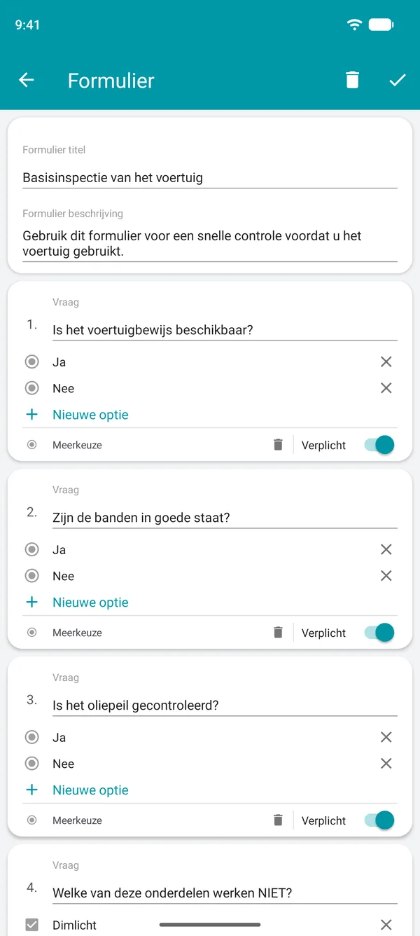 Een checklistformulier maken in de Drivvo-app, met ja-neevragen en een verplicht veld