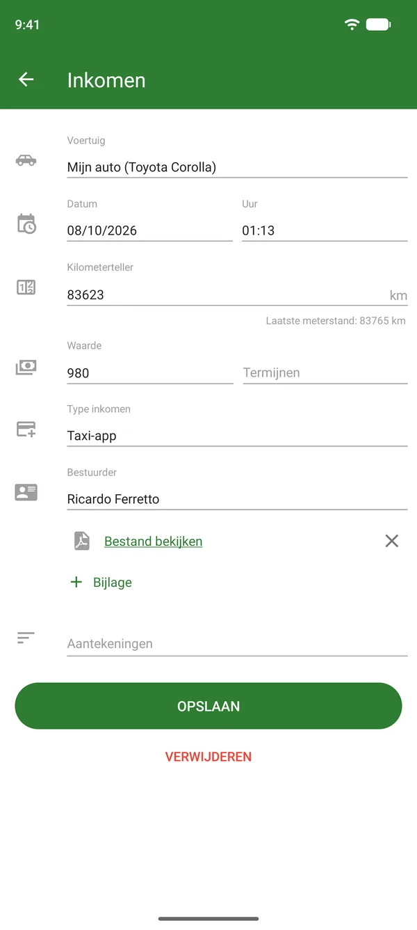 Invoer van ritinkomsten met bedrag, datum en kilometerstand