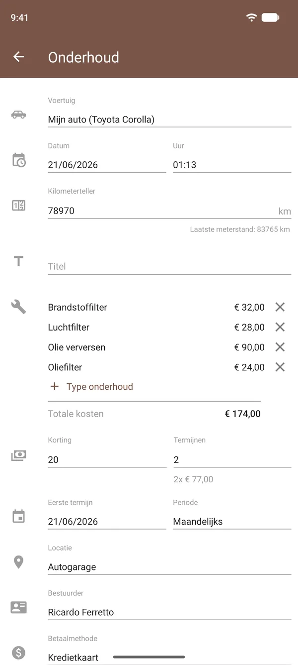 Onderhoudsregistratie in Drivvo met olie verversen, filters, kosten, kilometerstand en locatie