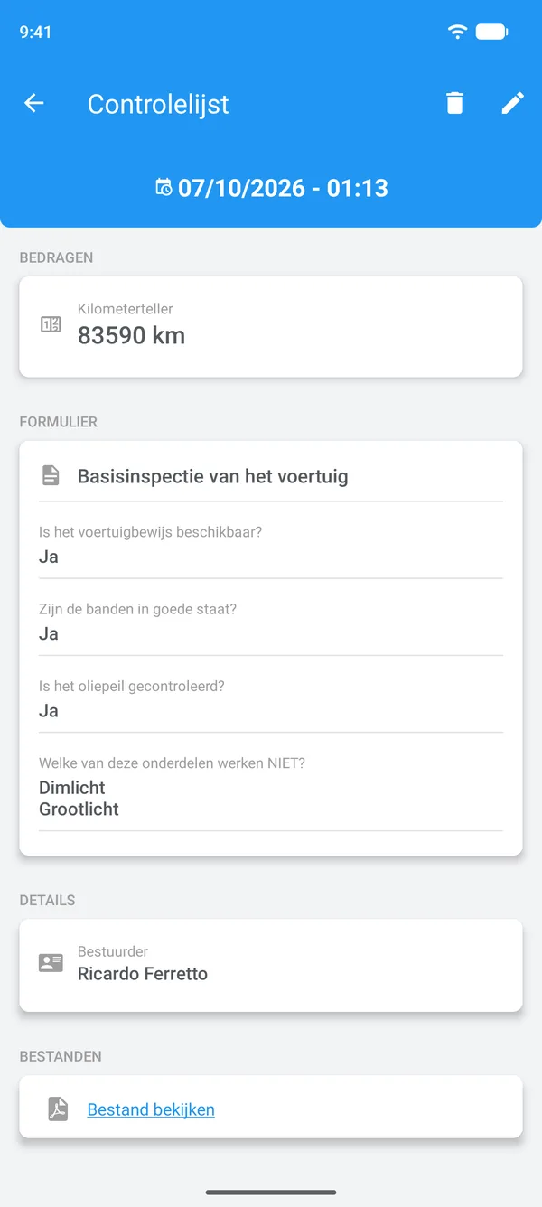 Ingevulde checklist in Drivvo, met de antwoorden, de bestuurder en het bijgevoegde bestand