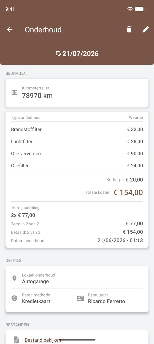Details van onderhoud met onderdelen, korting, termijnen, locatie en bestuurder