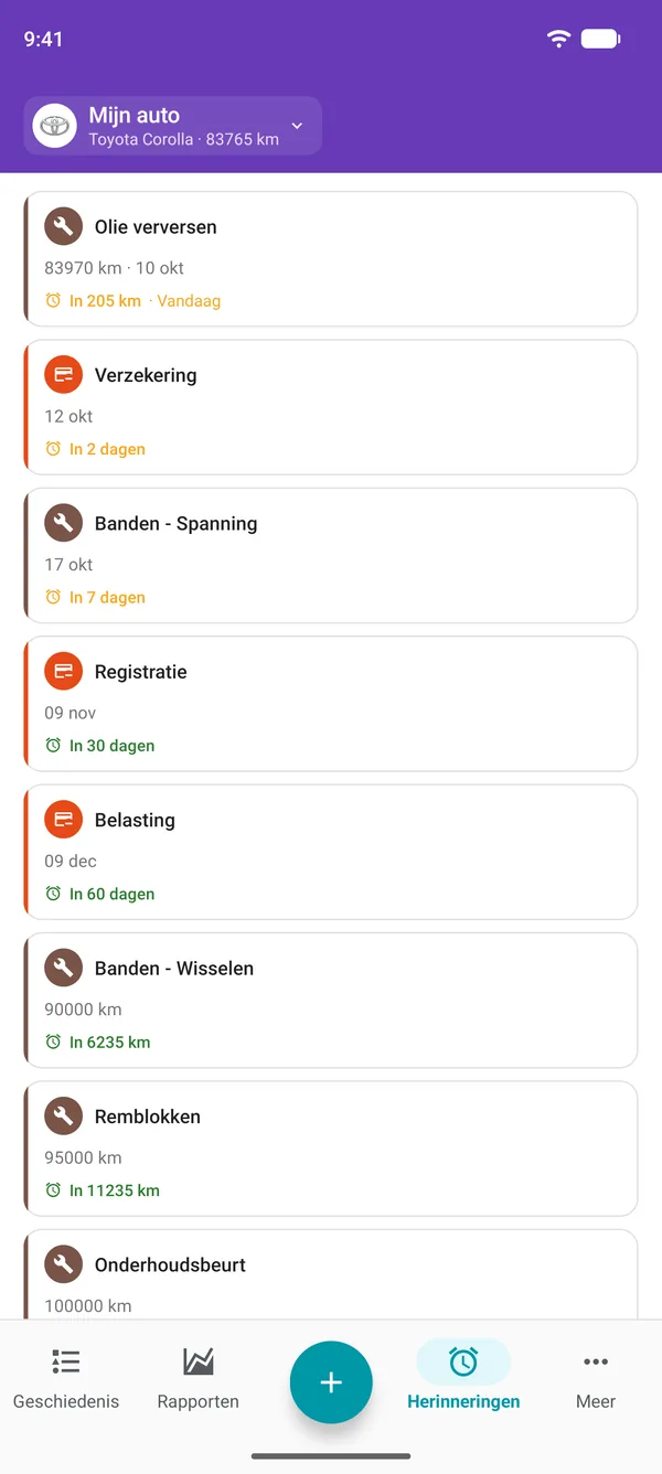 Herinneringen in de Drivvo-app voor onderhoud, registratie en belastingen, met de resterende tijd tot de vervaldatum