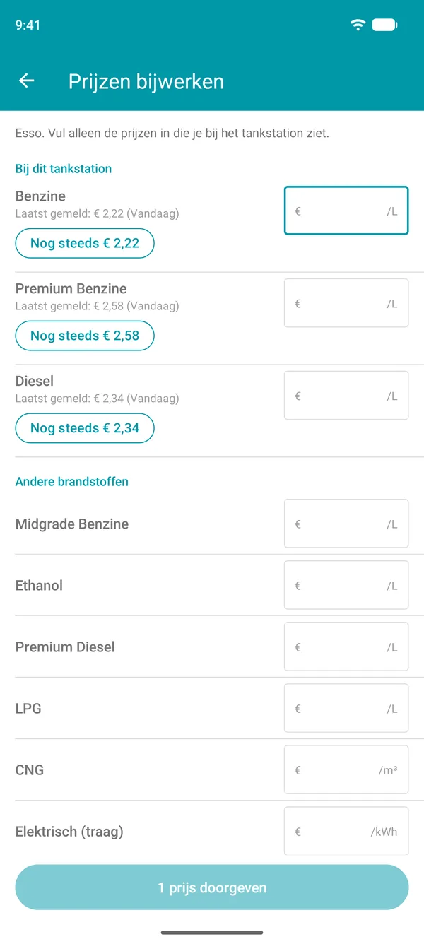 Scherm Prijzen bijwerken in de Drivvo-app, met de laatst gemelde prijs per brandstof en een knop om die te bevestigen