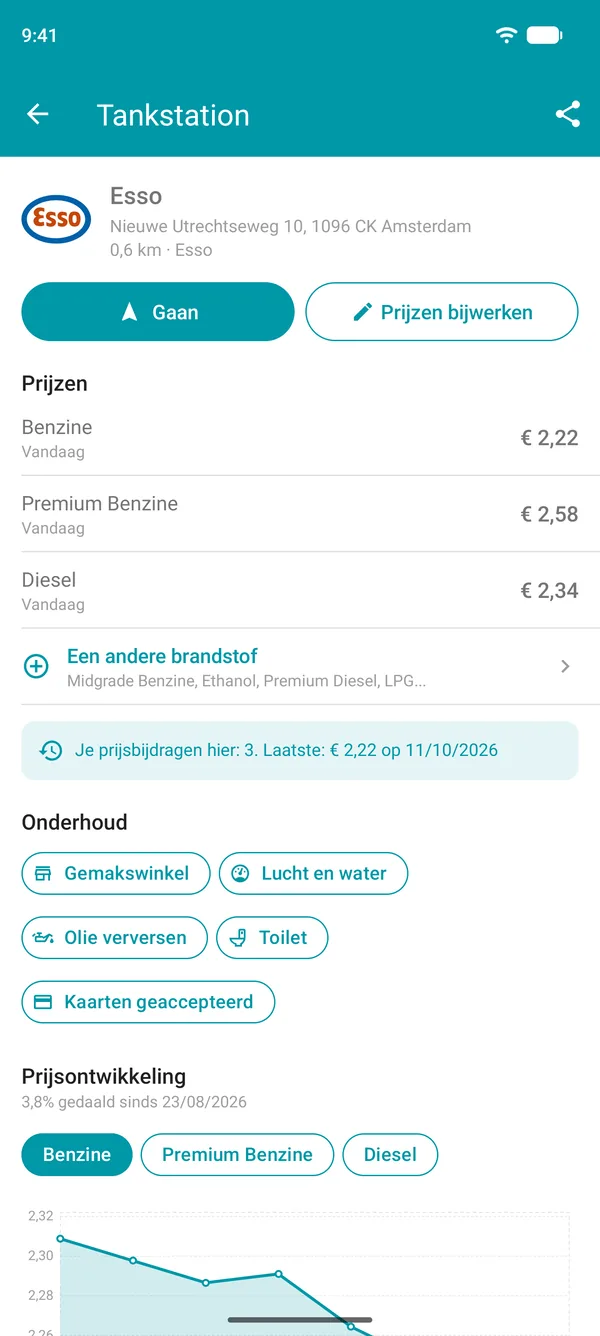 Tankstationgegevens in de Drivvo-app met brandstofprijzen, voorzieningen en een grafiek van de prijsgeschiedenis