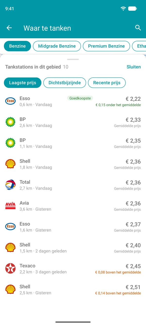 Lijst met tankstations bij jou in de buurt in de Drivvo-app, gesorteerd van goedkoop naar duur, met de optie om op afstand te sorteren