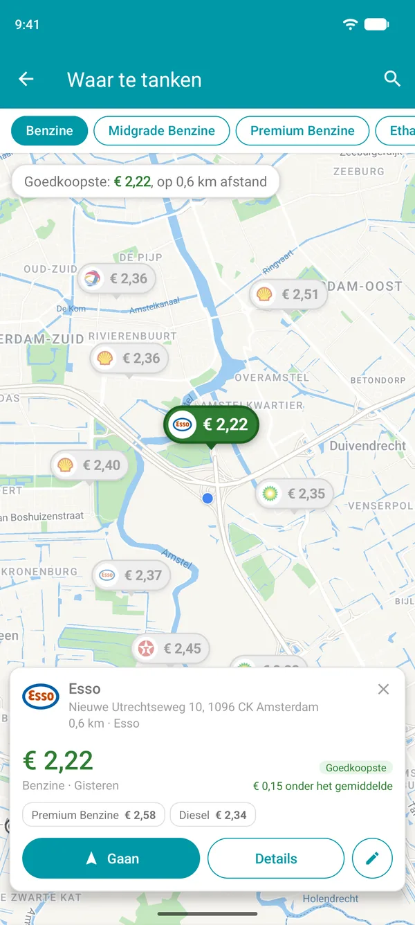 Het goedkoopste tankstation geopend in de Drivvo-app, met brandstofprijzen, afstand en de knop Gaan