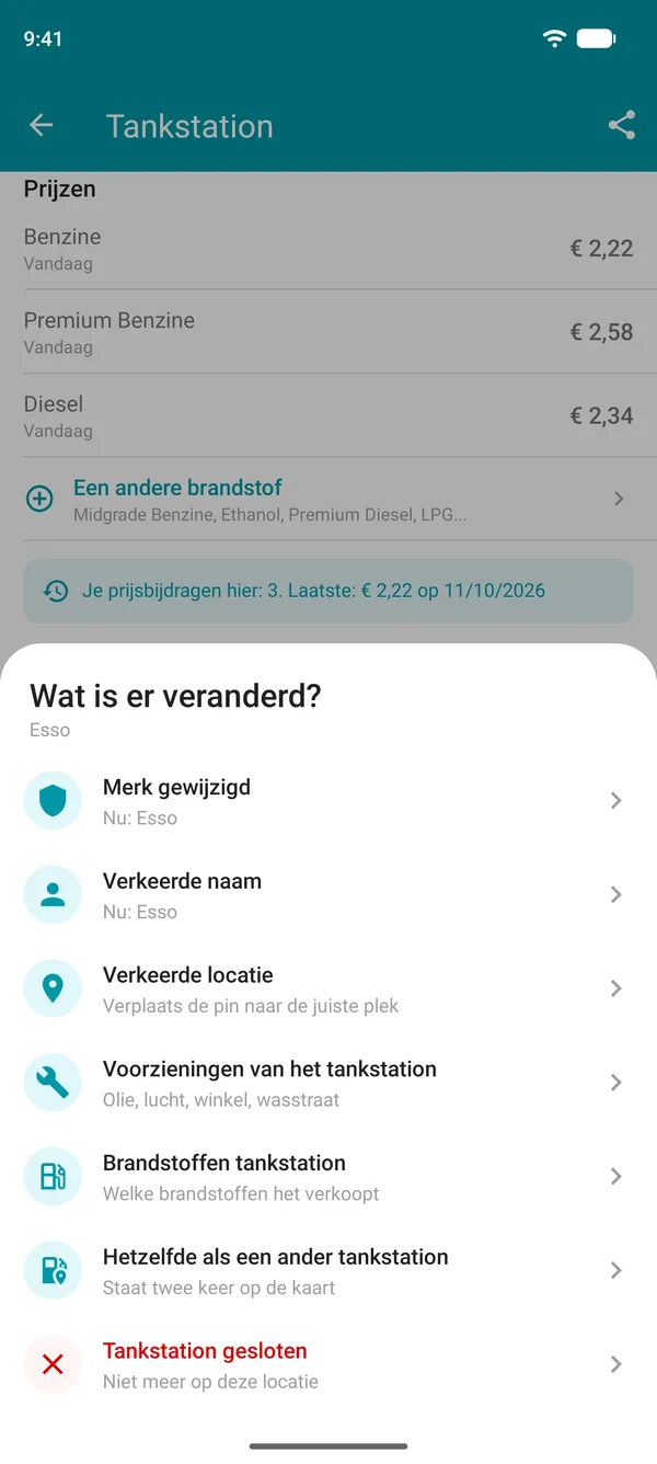 Opties voor Wijziging voorstellen in de Drivvo-app: merk, naam, locatie, voorzieningen, brandstoffen, dubbel vermeld of gesloten tankstation
