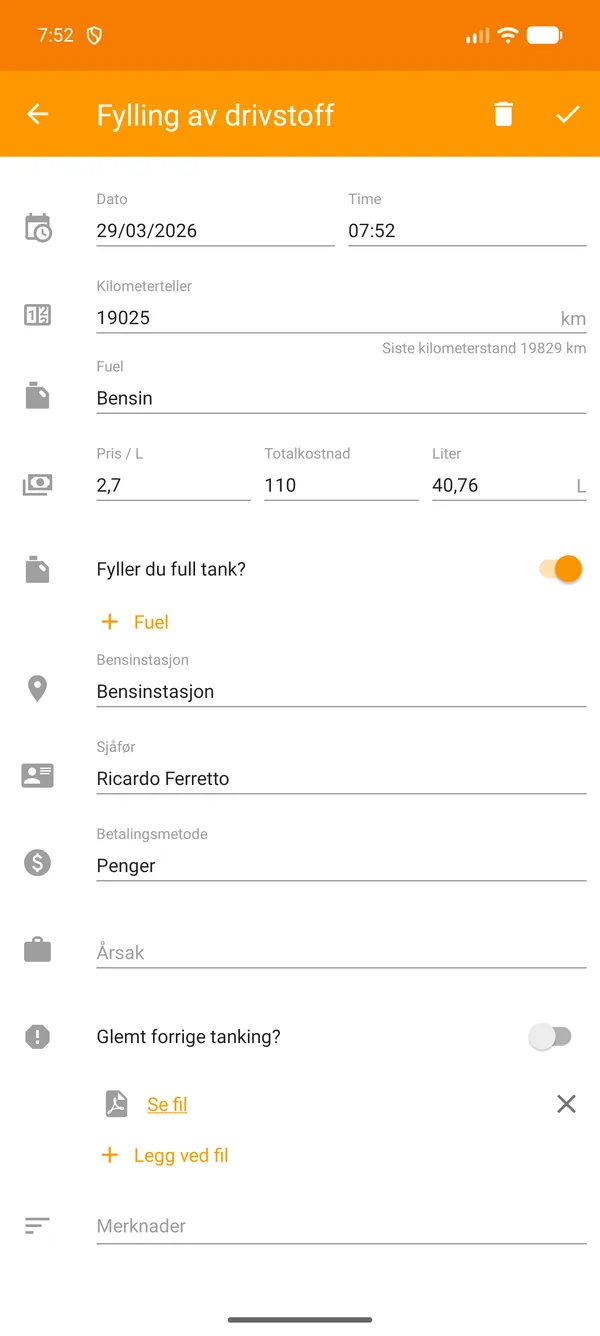 Drivvo — Registrering — Fylling av drivstoff