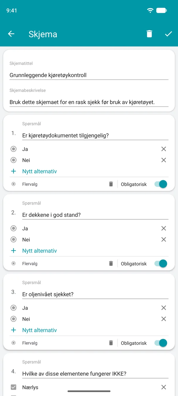 Oppretting av et sjekklisteskjema i Drivvo-appen, med ja- eller nei-spørsmål og et obligatorisk felt