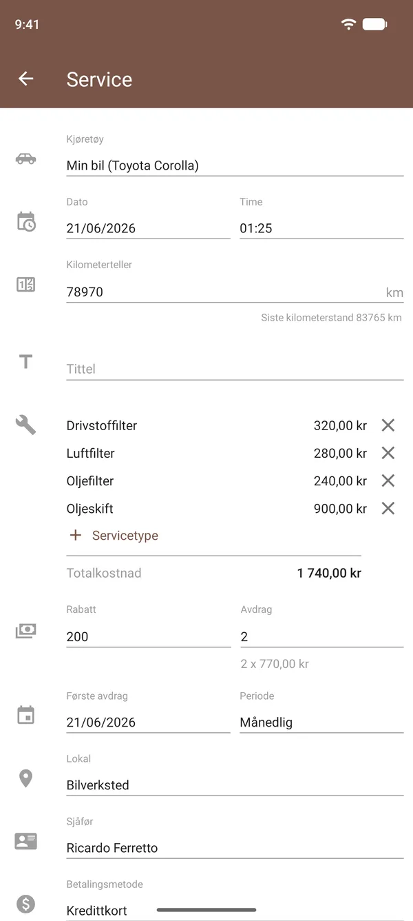 Serviceregistrering i Drivvo med oljeskift, filtre, kostnader, kilometerteller og sted