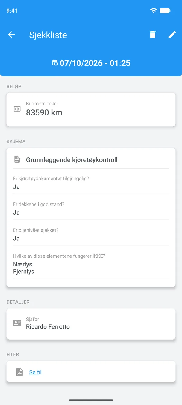 Utfylt sjekkliste i Drivvo, med svar, sjåfør og vedlagt fil