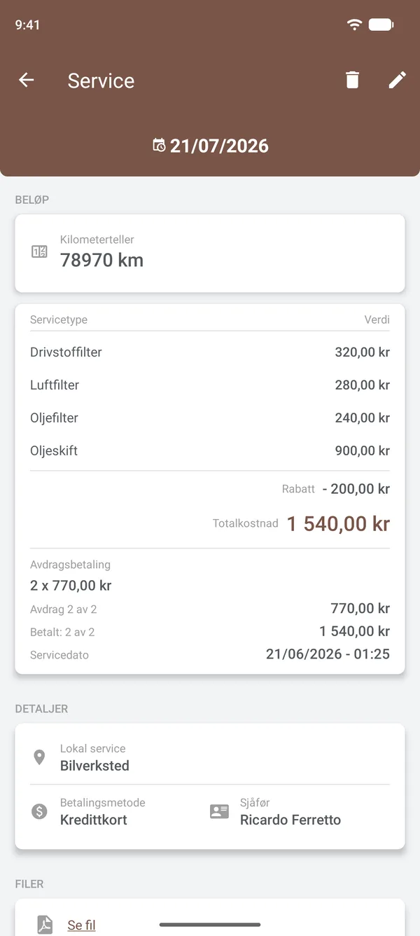 Servicedetaljer med deler, rabatt, avdrag, sted og sjåfør