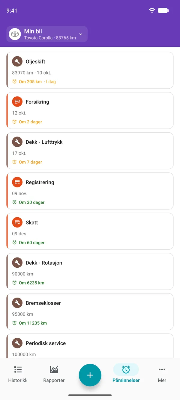 Påminnelser i Drivvo-appen om service, registrering og avgifter, med tid igjen til hver frist