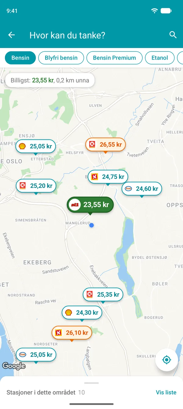 Kart i Drivvo-appen med bensinprisen på hver bensinstasjon nær deg og den billigste markert i grønt