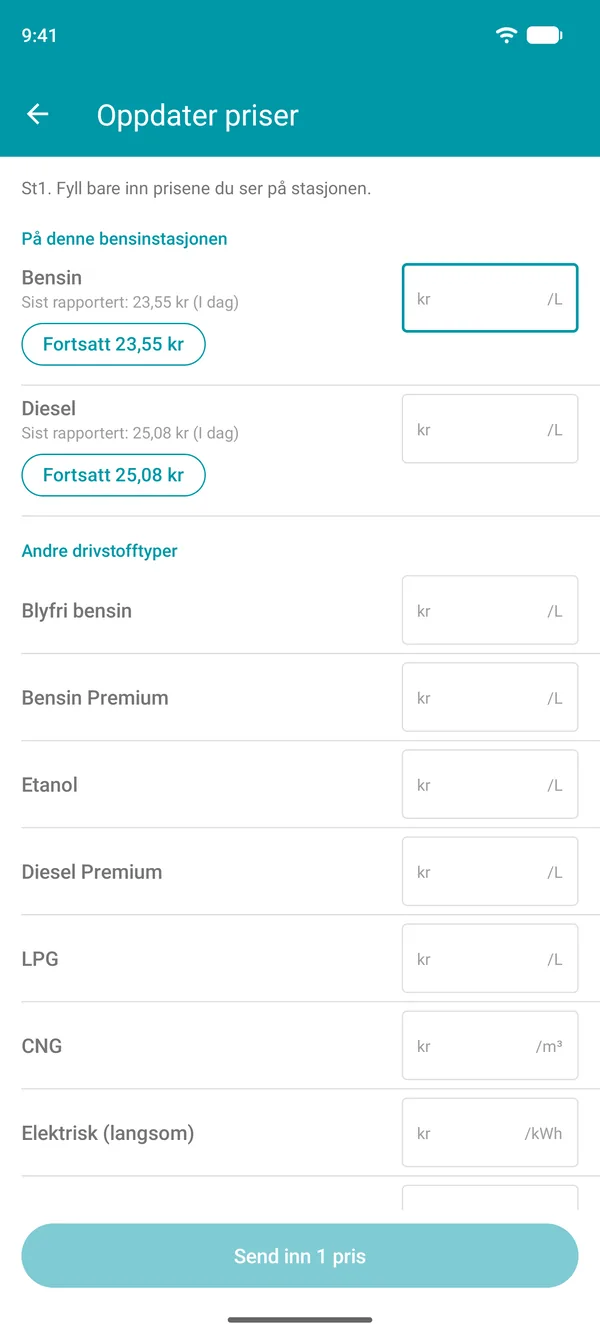 Skjermbildet Oppdater priser i Drivvo-appen, med sist rapporterte pris for hvert drivstoff og en knapp for å bekrefte den