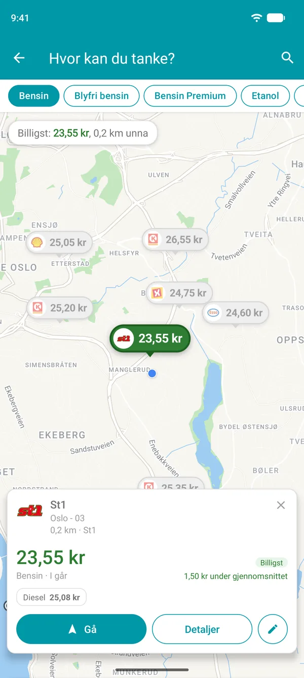 Den billigste stasjonen vist i Drivvo-appen, med drivstoffpriser, avstand og Kjør-knappen