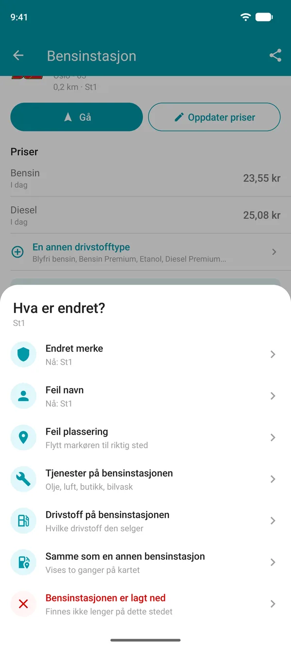 Valg under Foreslå en endring i Drivvo-appen: merke, navn, beliggenhet, tjenester, drivstoff, duplikat eller stengt bensinstasjon