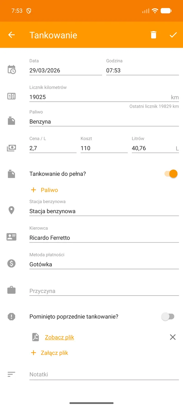 Drivvo — Rejestracja — Monitorowanie paliwa