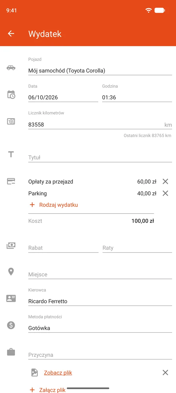 Wpis wydatku na parking i opłaty drogowe, z rabatem i ratami