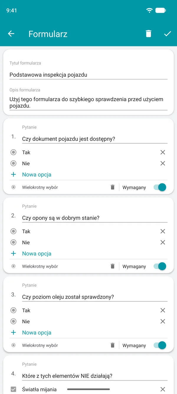 Tworzenie formularza listy kontrolnej w aplikacji Drivvo z pytaniami typu tak lub nie i polem wymaganym