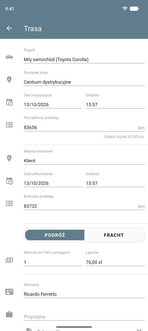 Wpis trasy w trybie podróży: miejsce wyjazdu, cel, stany licznika kilometrów, stawka za odległość i suma