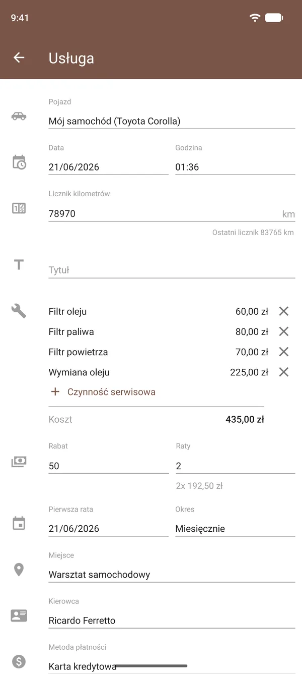 Wpis serwisowy w Drivvo z wymianą oleju i filtrów, kosztami, stanem licznika kilometrów i miejscem