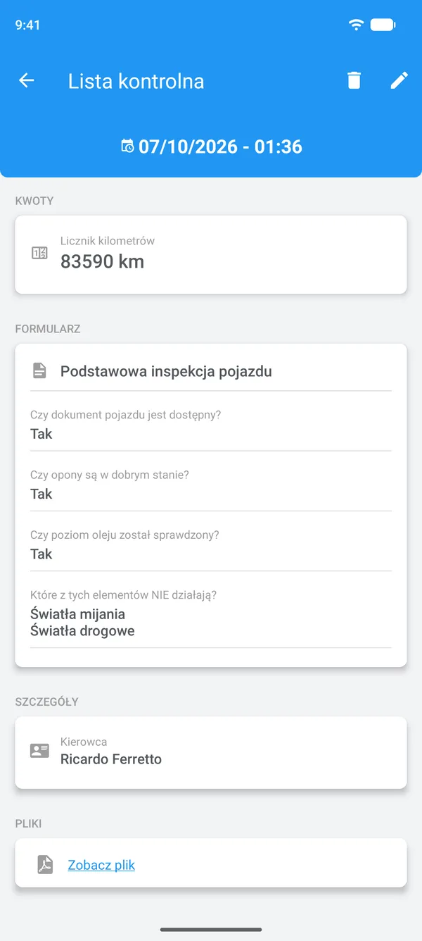 Wypełniona lista kontrolna w Drivvo z odpowiedziami, danymi kierowcy i załączonym plikiem