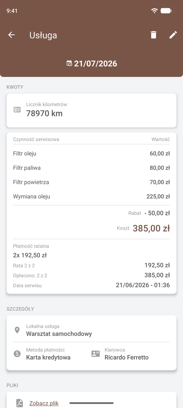 Szczegóły serwisu z pozycjami, rabatem, ratami, miejscem i kierowcą