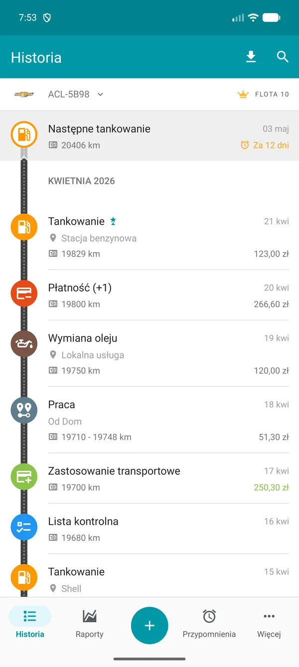 Drivvo — Historia wpisów