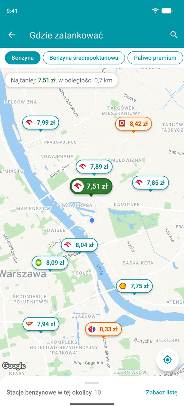 Mapa w aplikacji Drivvo z cenami benzyny na pobliskich stacjach benzynowych, najtańsza oznaczona na zielono