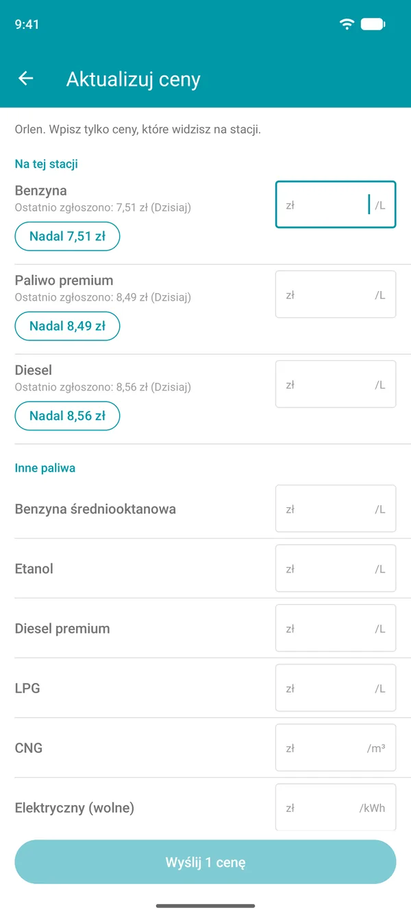 Ekran aktualizacji cen w aplikacji Drivvo z ostatnio zgłoszoną ceną każdego paliwa i przyciskiem potwierdzenia