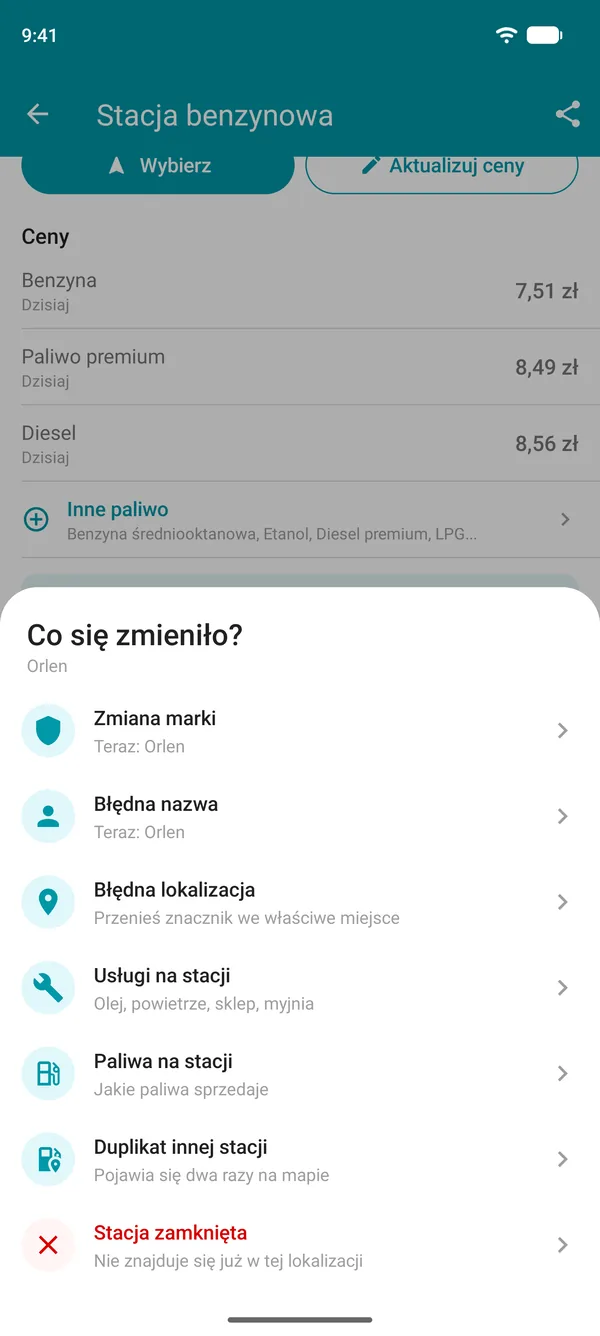 Opcje proponowania zmian w aplikacji Drivvo: marka, nazwa, lokalizacja, usługi, paliwa, duplikat lub zamknięta stacja