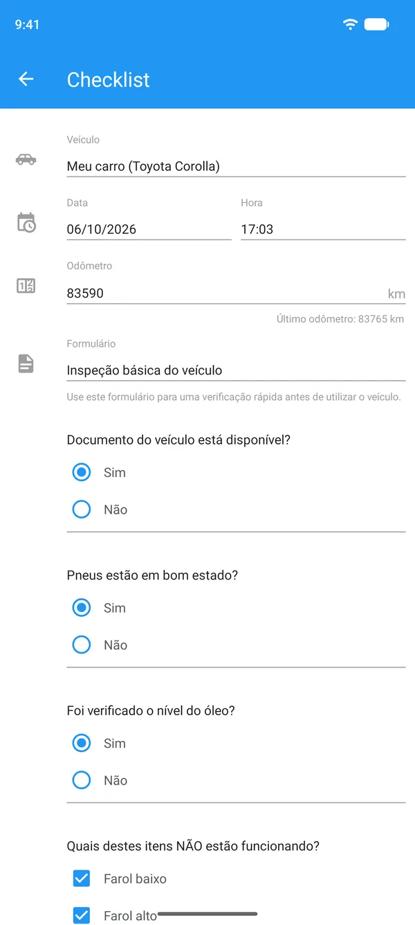 Checklist veicular preenchido no celular, com veículo, odômetro e respostas sim ou não