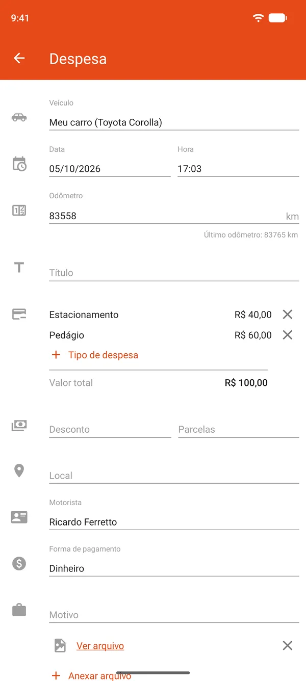 Registro de despesa com estacionamento e pedágios, desconto e parcelas