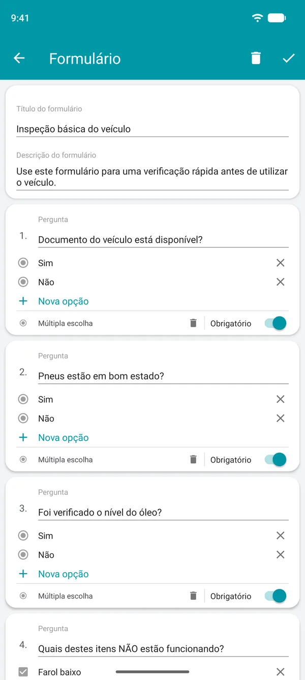 Criação de um formulário de checklist no app Drivvo, com perguntas de sim ou não e um campo obrigatório