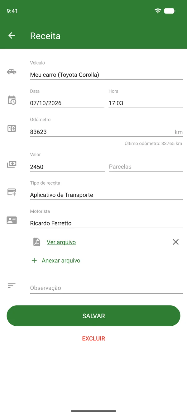 Registro de receita de corrida com valor, data e odômetro