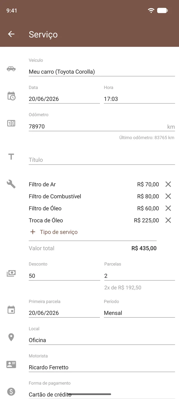 Registro de serviço no Drivvo com troca de óleo, filtros, custos, odômetro e local