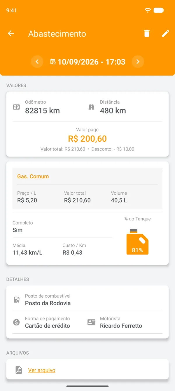 Abastecimento salvo com a média, a distância percorrida e o custo por distância