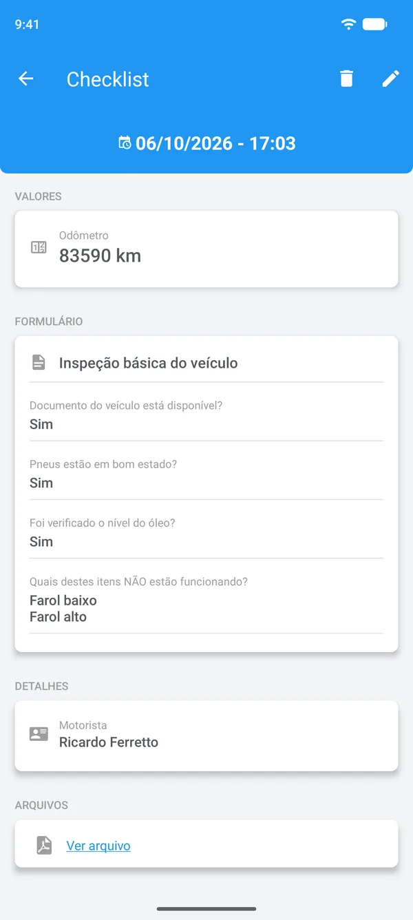 Checklist preenchido no Drivvo, com as respostas, o motorista e o arquivo anexado