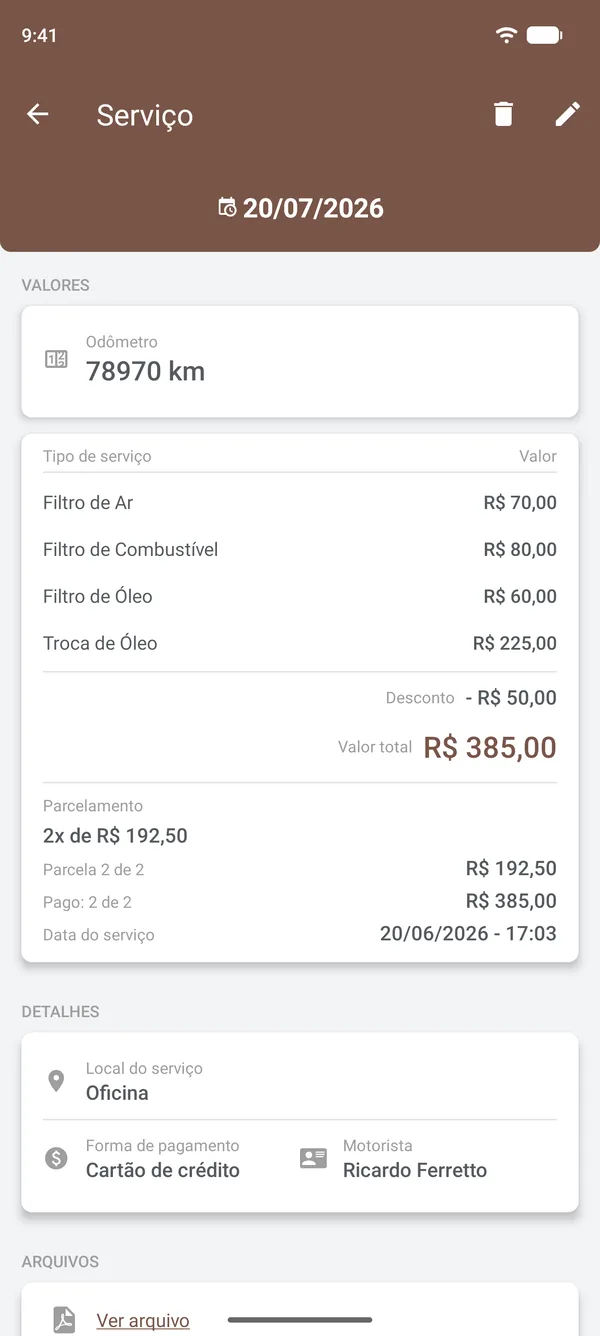 Detalhes de um serviço com itens, desconto, parcelas, local e motorista