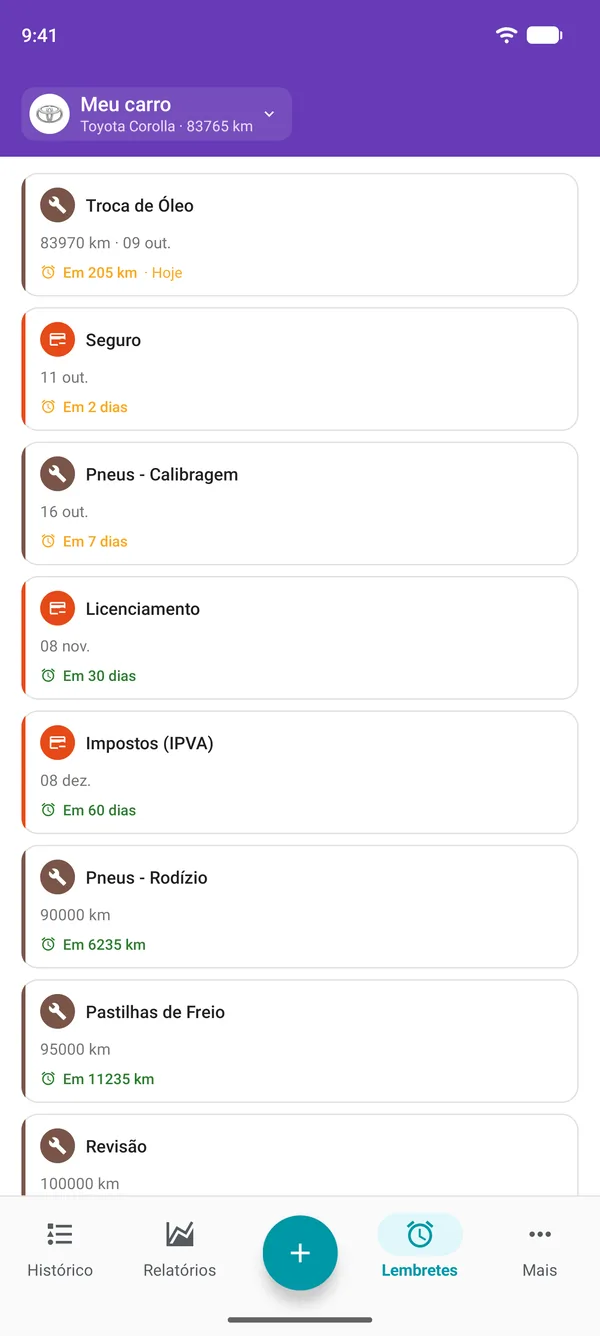 Lembretes do app Drivvo com a revisão, o licenciamento e os impostos e quanto falta para cada um
