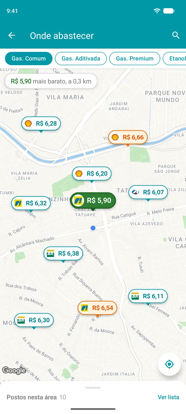 Mapa no app Drivvo com o preço da gasolina em cada posto de combustível perto de você e o mais barato em verde