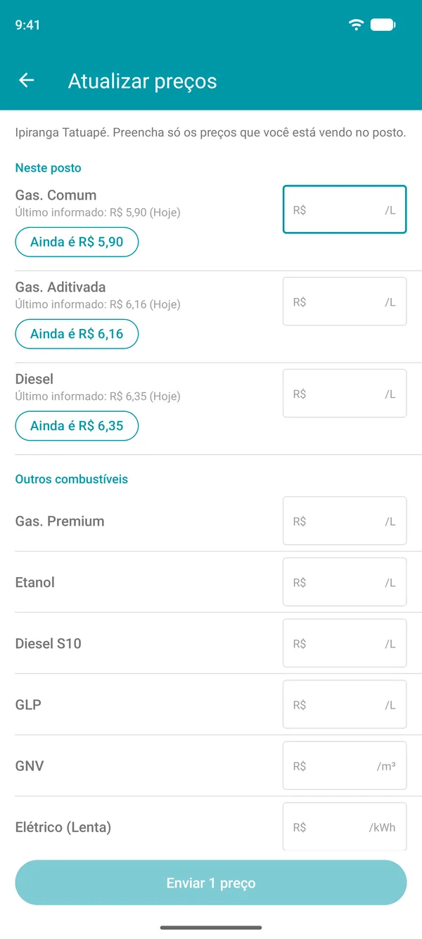 Tela Atualizar preços no app Drivvo, com o último preço informado de cada combustível e um botão para confirmá-lo